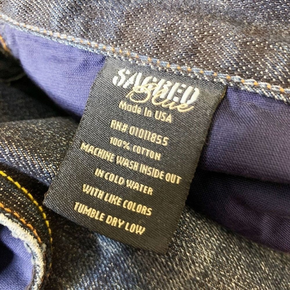 Sacred Blue Men's‎ Button Fly Distressed Straight Leg Denim Jeans Sz 36 Grunge - Picture 5 of 7